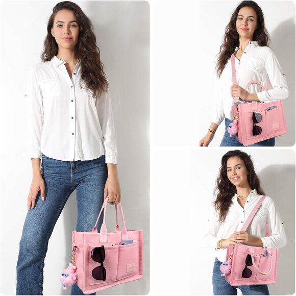 High-Quality Pink Canvas Handbag with Adjustable Straps and Multiple Pockets - Picture 2 of 6